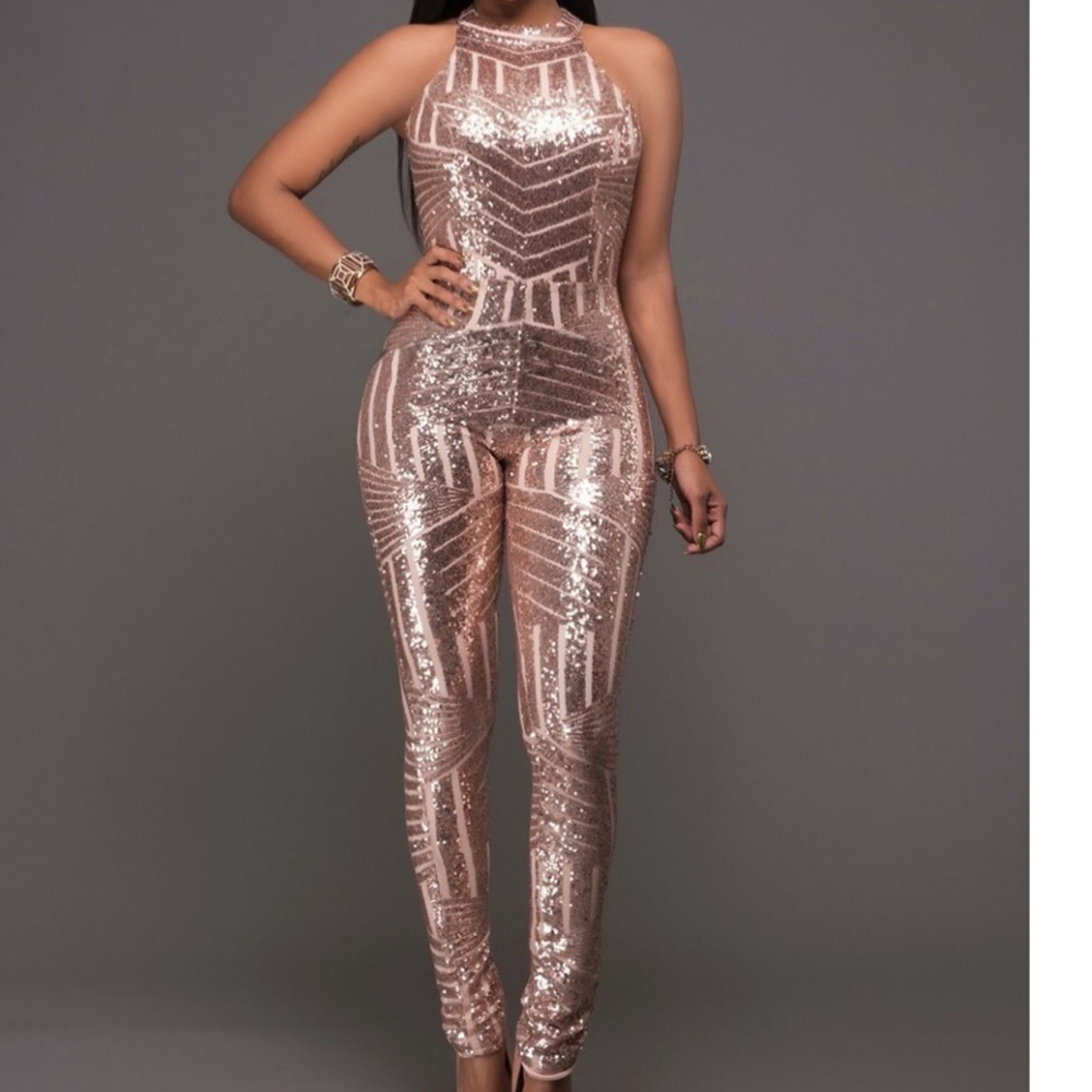 Hot Miami Styles Rose Gold Open Back Jumpsuit